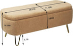Storage Ottoman Bench for End of Bed Gold Legs, Modern Faux Fur Entryway Bench Upholstered Padded with Storage for Living Room Bedroom (Camel)