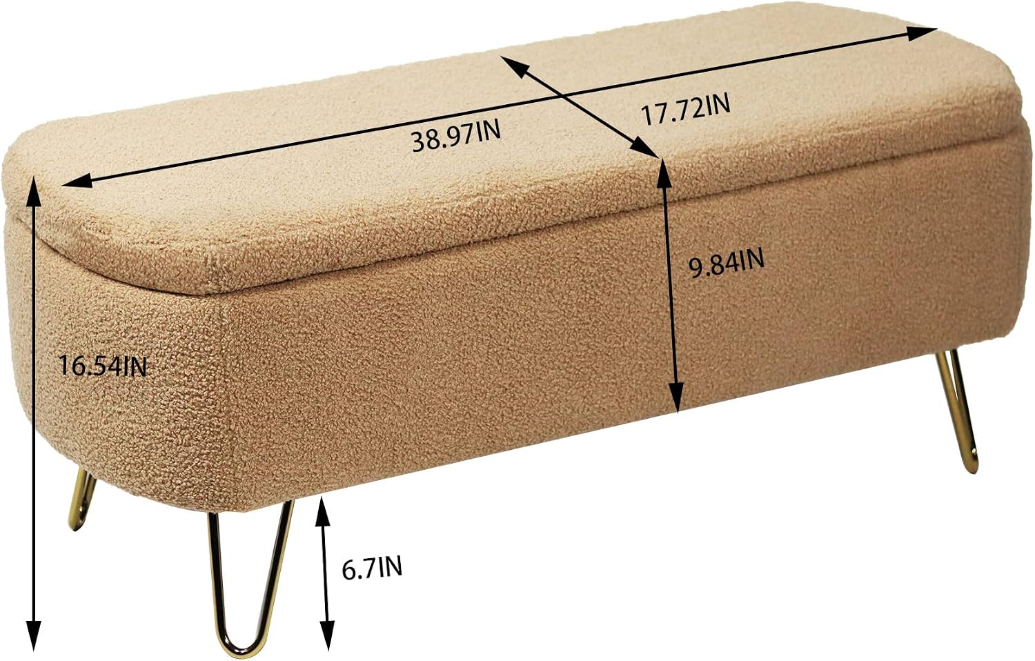 Storage Ottoman Bench for End of Bed Gold Legs, Modern Faux Fur Entryway Bench Upholstered Padded with Storage for Living Room Bedroom (Camel)