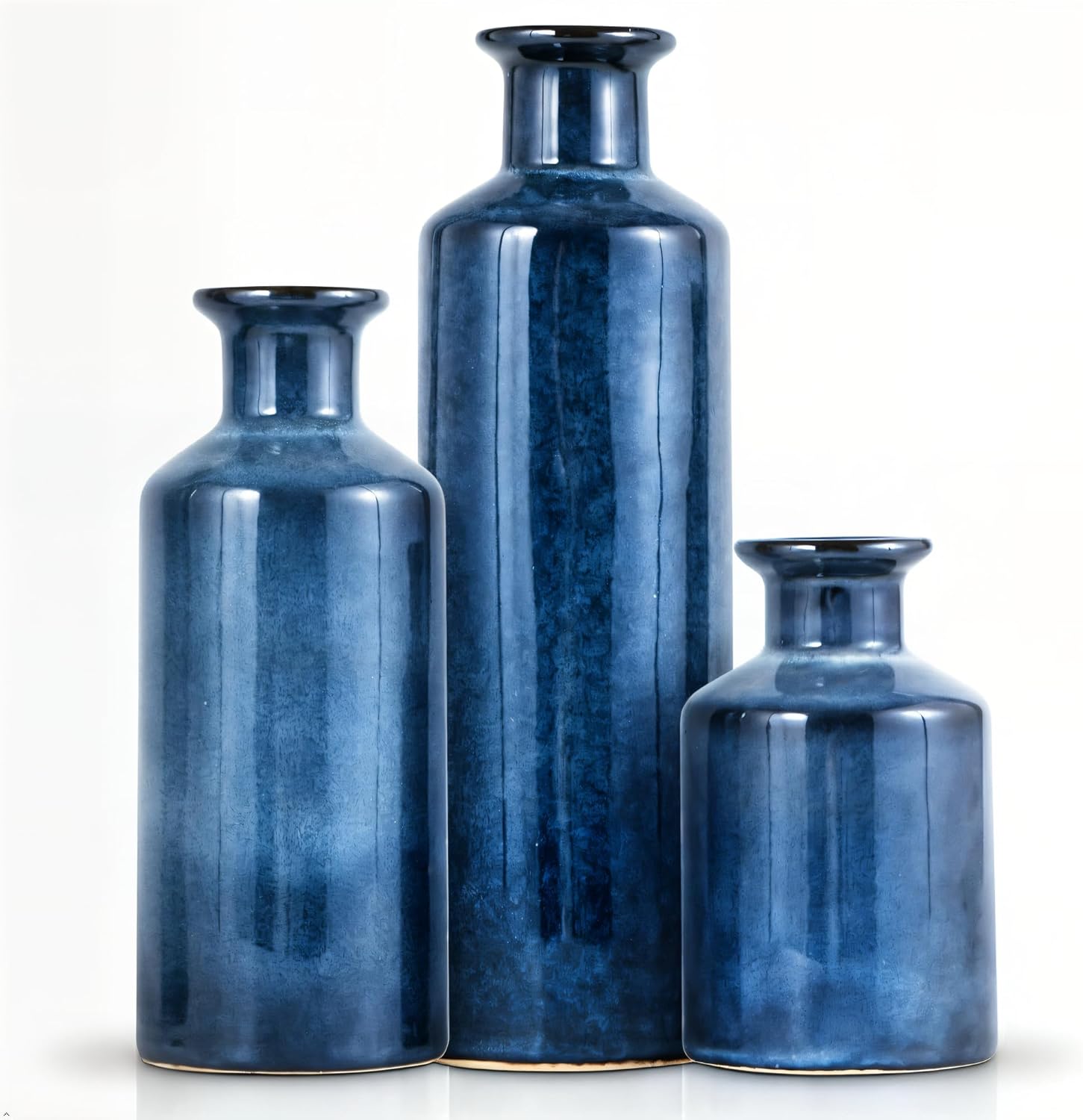 Mowtanco Blue Ceramic Vase Set of 3 Small Vases, Modern Farmhouse for Home Decor Bottles, Rustic Terracotta Vase Decorative Vases for Table,Fireplaces Decor, Bookshelf, Living Room