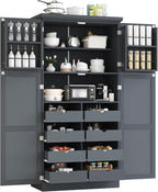 35.5x17.6x70.9inch Freestanding Kitchen Pantry Cabinet, Tall Storage Cabinet with 4 Doors, 2 Door Shelves, 8 Pull-Out Trays and Adjustable Shelf for Dining Room, Gray