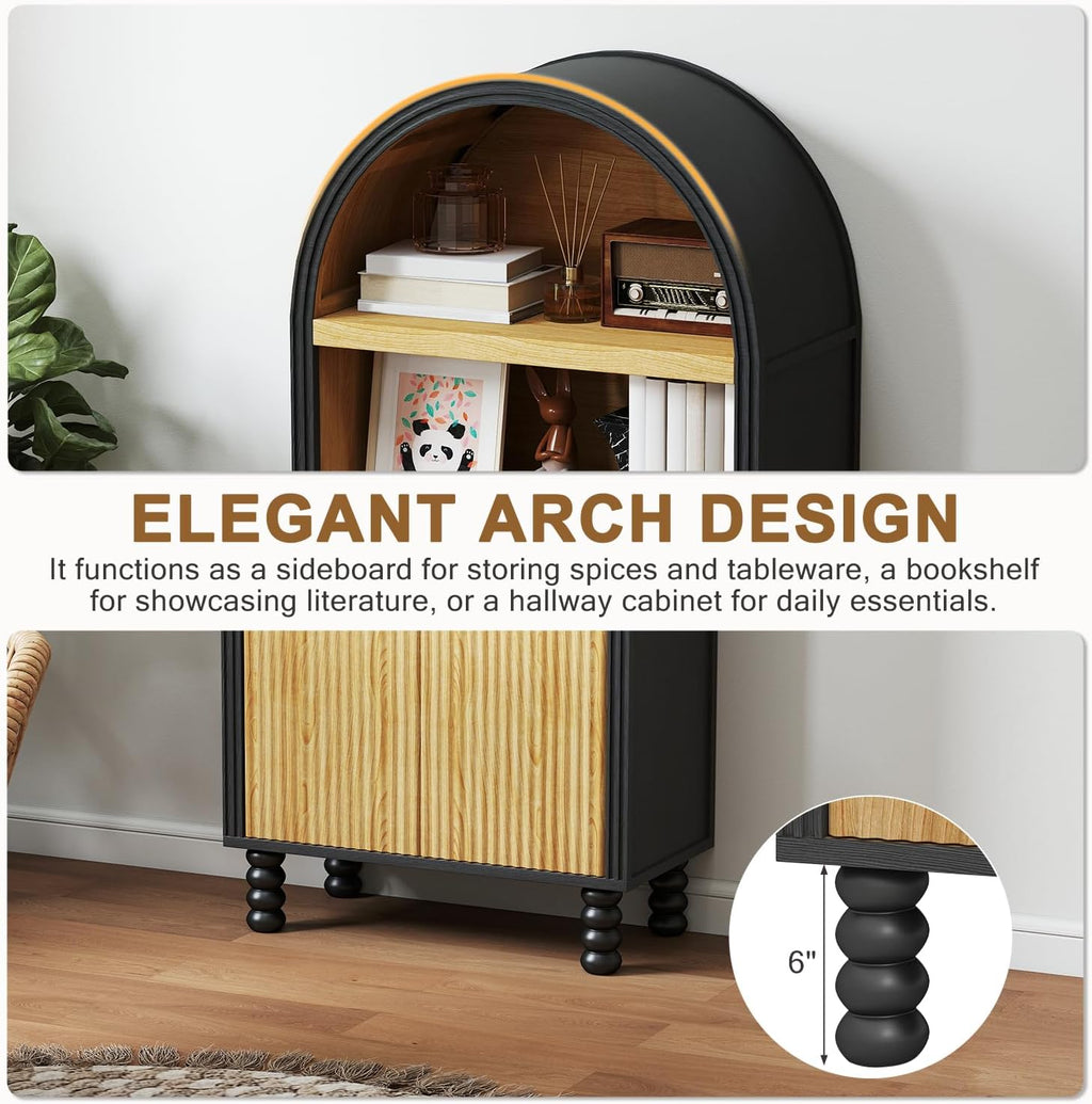 EROMMY 66.7" Arched Cabinet, Kitchen Pantry with Fluted Panel Door, Tall Storage Cabinet Arch Bookcase with Open Display Shelf, Versatile Cupboard for Kitchen, Dining Room, Living Room, Black