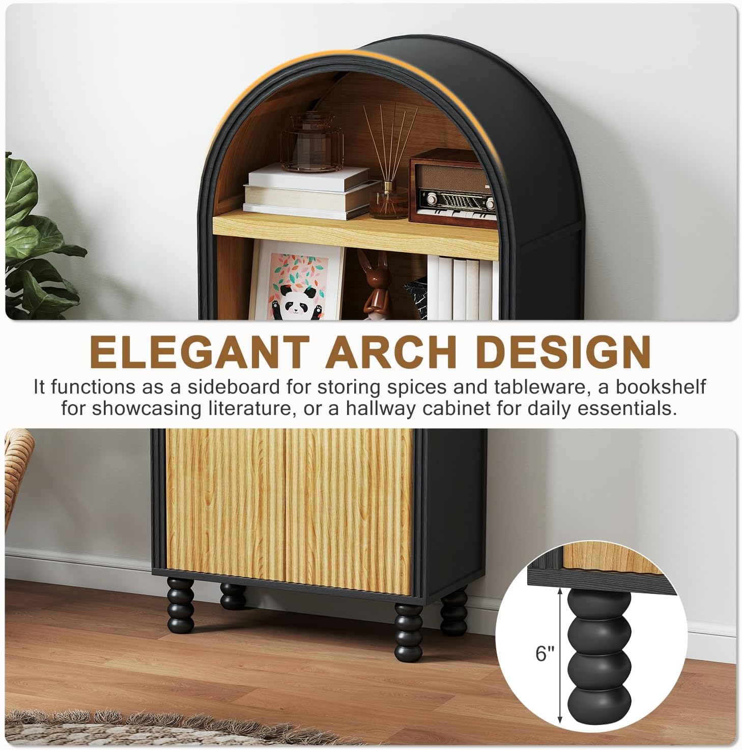 EROMMY 66.7" Arched Cabinet, Kitchen Pantry with Fluted Panel Door, Tall Storage Cabinet Arch Bookcase with Open Display Shelf, Versatile Cupboard for Kitchen, Dining Room, Living Room, Black