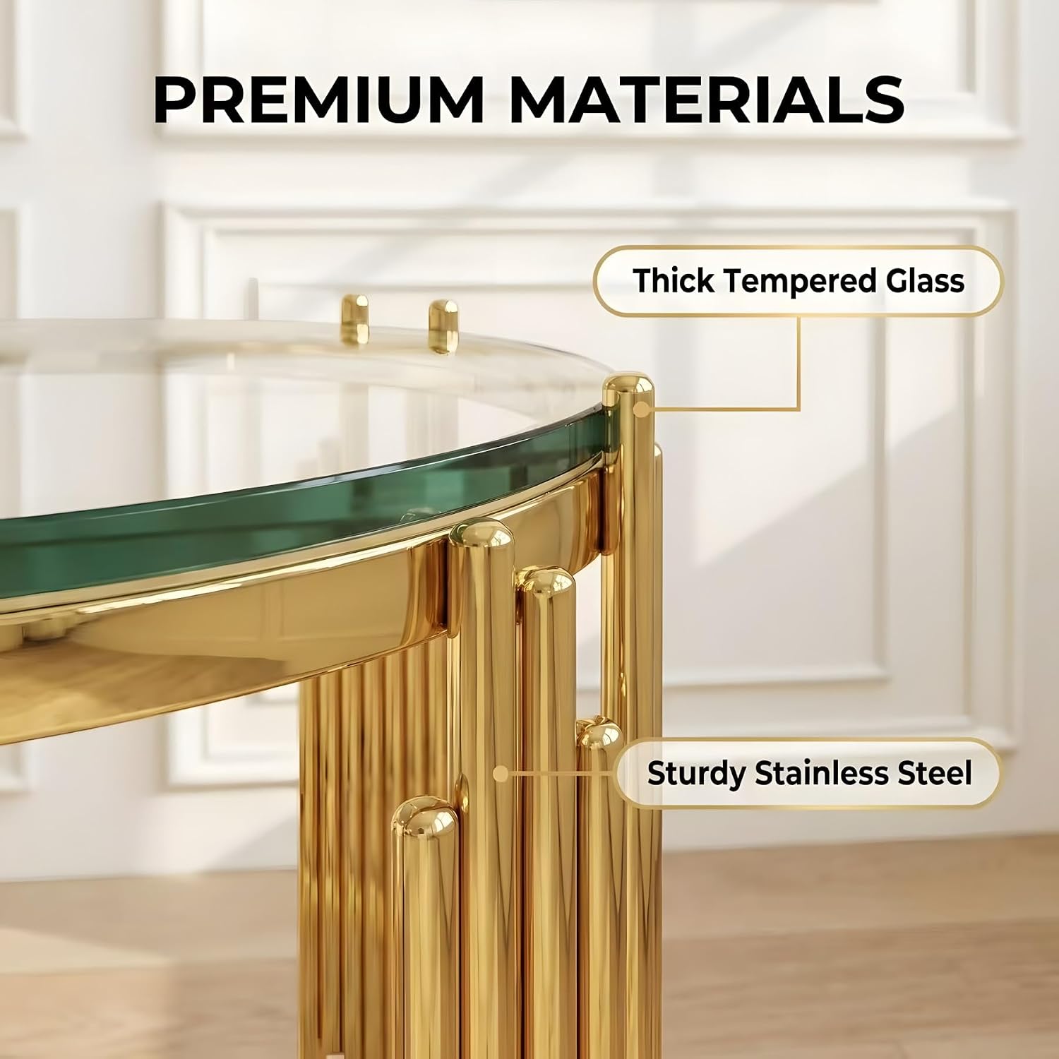 KEIKI 19.7''D Round Glass Side End Table with 2 Tiers, Accent Couch Sofa Bedside Table Night Stand for Living Room Bedroom Office, Tempered Glass-top, Artistic Stainless Steel Organ Pipe Design Legs