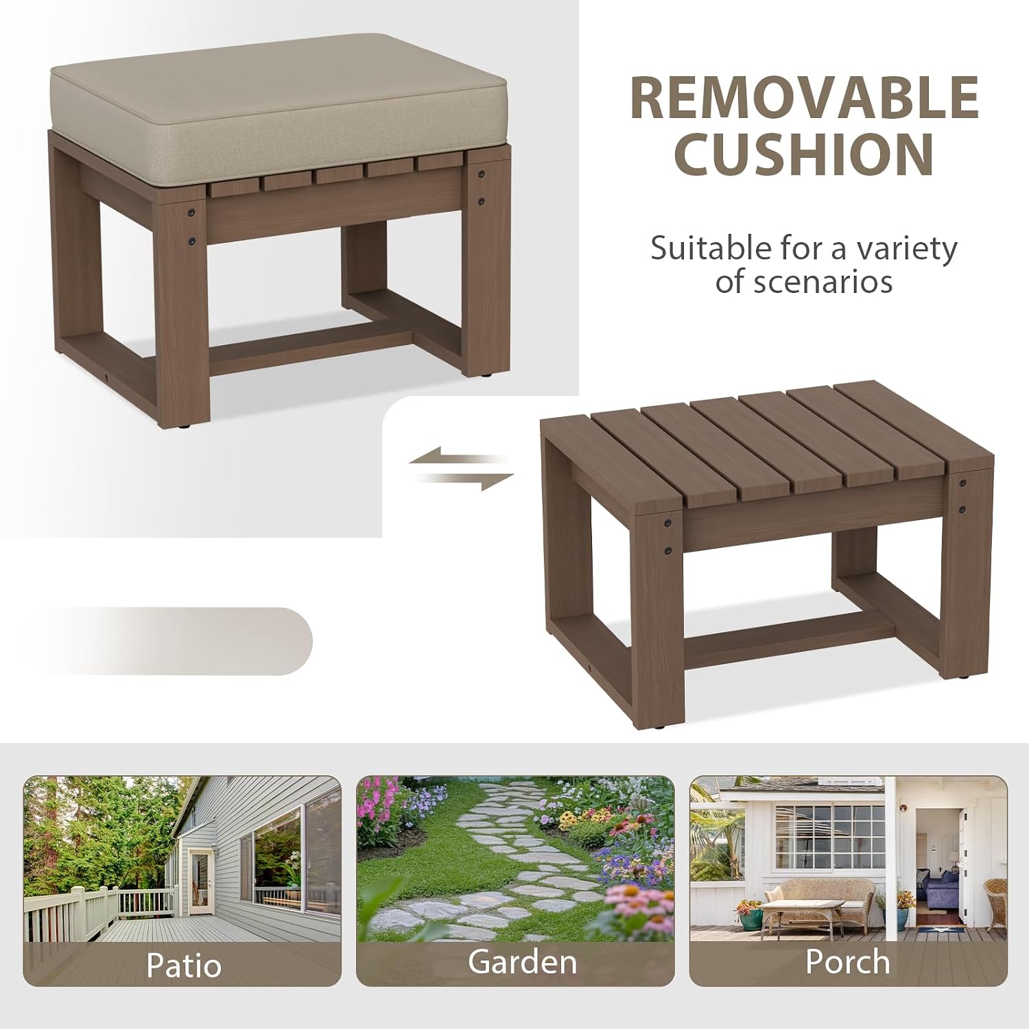 EAGLE PEAK Natural Cedar Outdoor Patio Ottomans with Removable Cushions, Set of 2, Outdoor Real Wood Footrest Contemporary Décor for Deck, Porch, Balcony and Backyard, Brownish/Beige