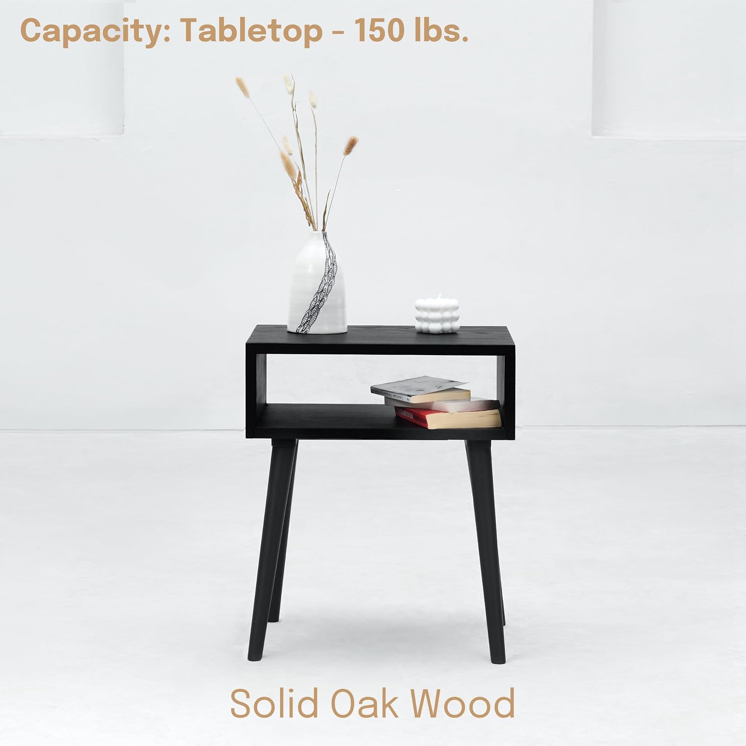 NTC Solid Oak Zoe Nightstand, Mid Century Modern Side Table Bedroom, Bedside Furniture, Night Stand, End Table, Easy Assembly - Burnt Black