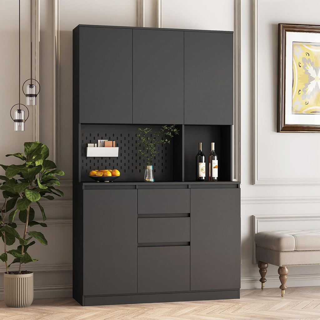 74’’ Farmhouse Kitchen Pantry Cabinet, Tall Kitchen Storage Cabinet with Power Outlet and Microwave Stand, Freestanding Kitchen Hutch Cabinet with 2 Drawers, 6 Doors for Kitchen Living Room, Black