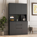 74’’ Farmhouse Kitchen Pantry Cabinet, Tall Kitchen Storage Cabinet with Power Outlet and Microwave Stand, Freestanding Kitchen Hutch Cabinet with 2 Drawers, 6 Doors for Kitchen Living Room, Black