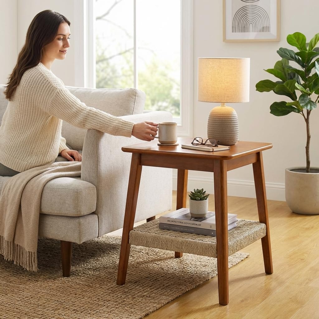 23" Mid-Century Side Table with Woven Shelf, Boho Side Table with Storage, Compact Nightstand for Bedroom Living Room Couch Patio Home Office, Wooden Accent Table
