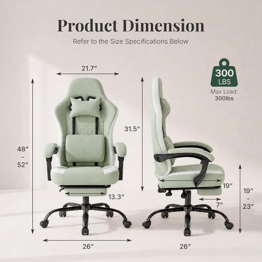 Computer Gaming Chair - High Back Ergonomic Desk Chair with Footrest and Lumbar Support, Height Adjustable Task Chair with Linkage Armrests and Headrest, 360° Swivel Wheels, Green