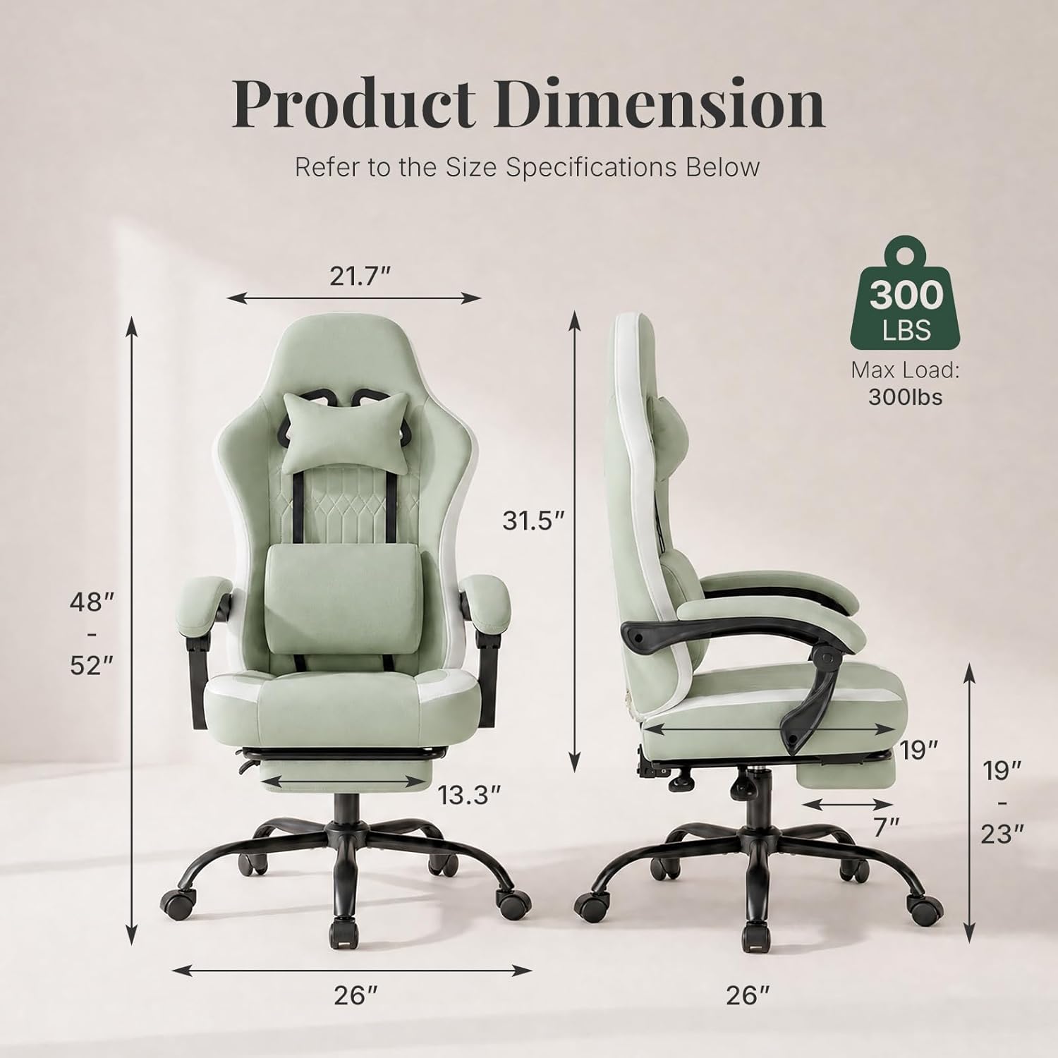 Computer Gaming Chair - High Back Ergonomic Desk Chair with Footrest and Lumbar Support, Height Adjustable Task Chair with Linkage Armrests and Headrest, 360° Swivel Wheels, Green