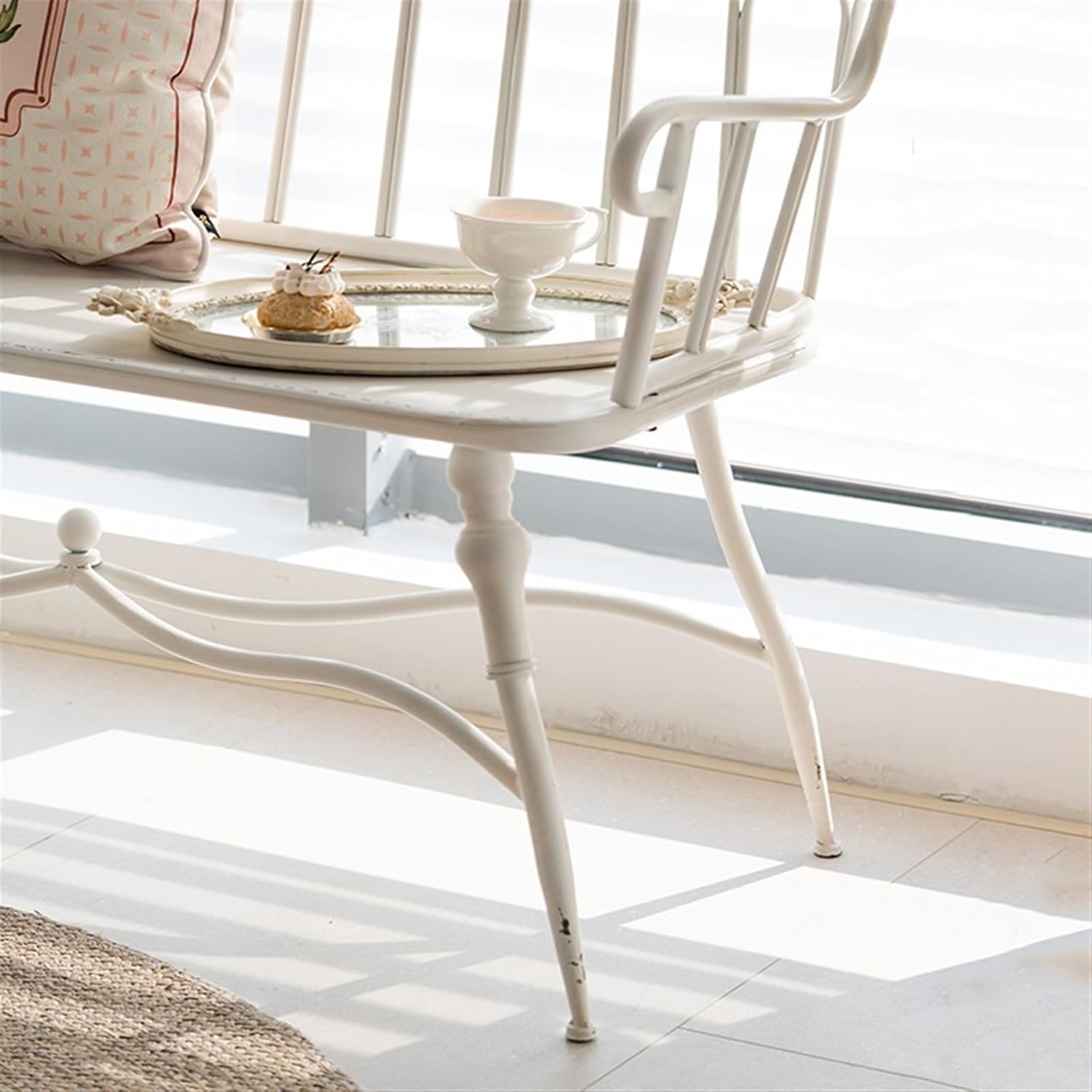 Garden 47.2-inch Outdoor Garden Bench with Backrest, Retro White Iron, Suitable for Terrace, Balcony, Backyard Seat