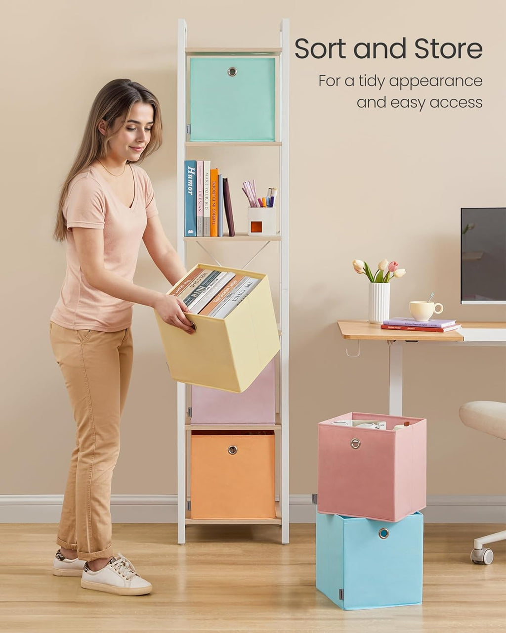 SONGMICS Storage Cubes, Set of 6 Odorless Foldable Storage Boxes, 10.2 x 10.2 x 11 Inches, Closet Organizers for Shelf, Rainbow Storage Bins, Colorful Fabric Bins for Bedroom, Living Room URFB226X01