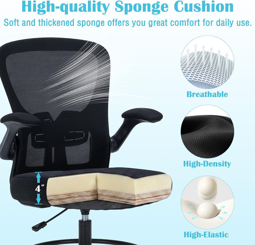 Drafting Chair Tall Office Chair, Standing Desk Chair with Flip-Up Armrests, Breathable Mesh High Chair Adjustable Height, Ergonomic Computer Chair with Lumbar Support and Adjustable Footrest Ring