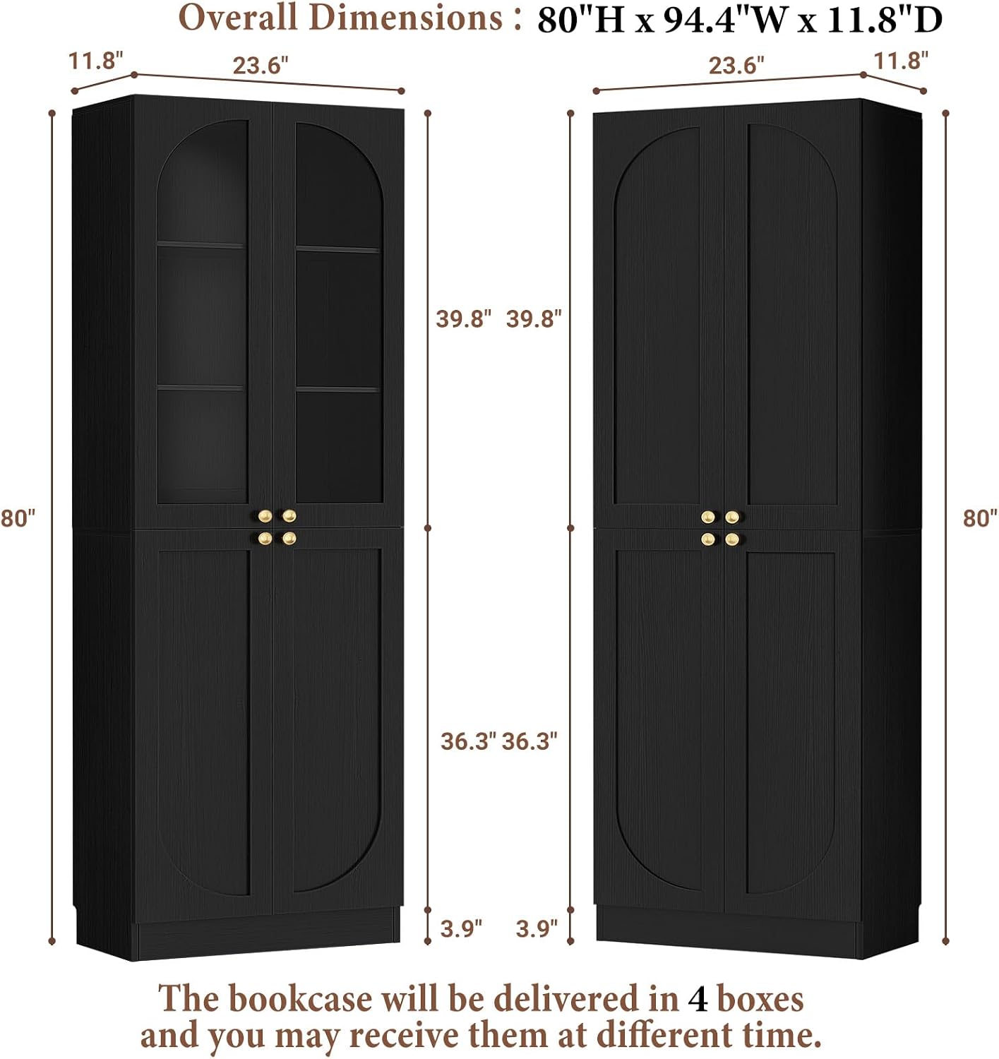 Cyclysio 80" Tall Kitchen Pantry, Wide Arch Storage Cabinets with 4 Glass Doors and Adjustable Shelves, Freestanding Wood Floor Cupboard with Seamless Fit Wall for Living Room, Dining Room