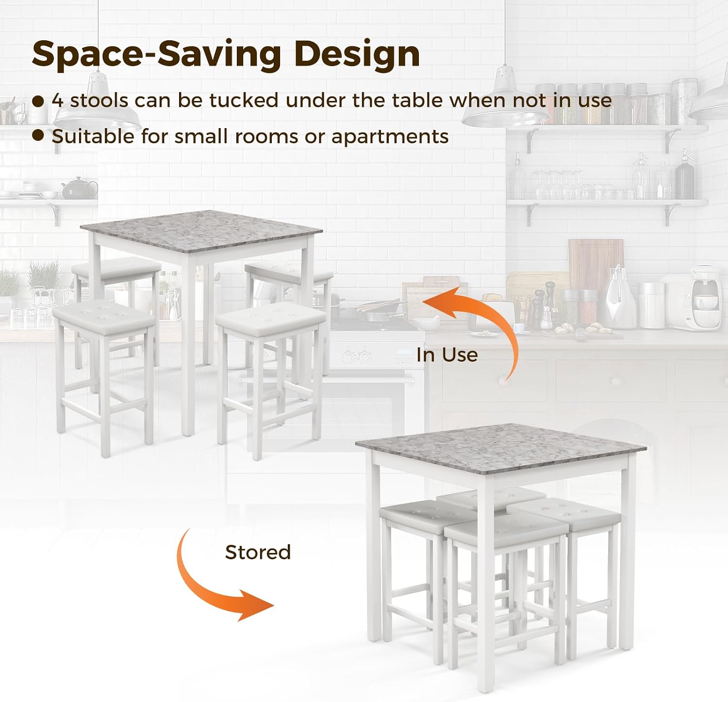 Tangkula 5-Piece Counter-Height Bar Table Set, Faux Marble Square Table & 4 PVC Leather Bar Stools w/Rubber Wood Legs, Modern Dining Set for Kitchen, Breakfast Nook & Small Spaces (White)