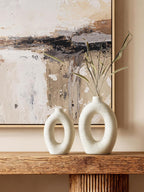 LE TAUCI Ceramic Vases Set of 2, Cream Hollow Donut Flower Vases, Nordic Boho Decor Decorative Centerpiece for Living Room, Table, Shelf, Mantel, Warm Ivory Speckled (H10.5”xW8.5”)