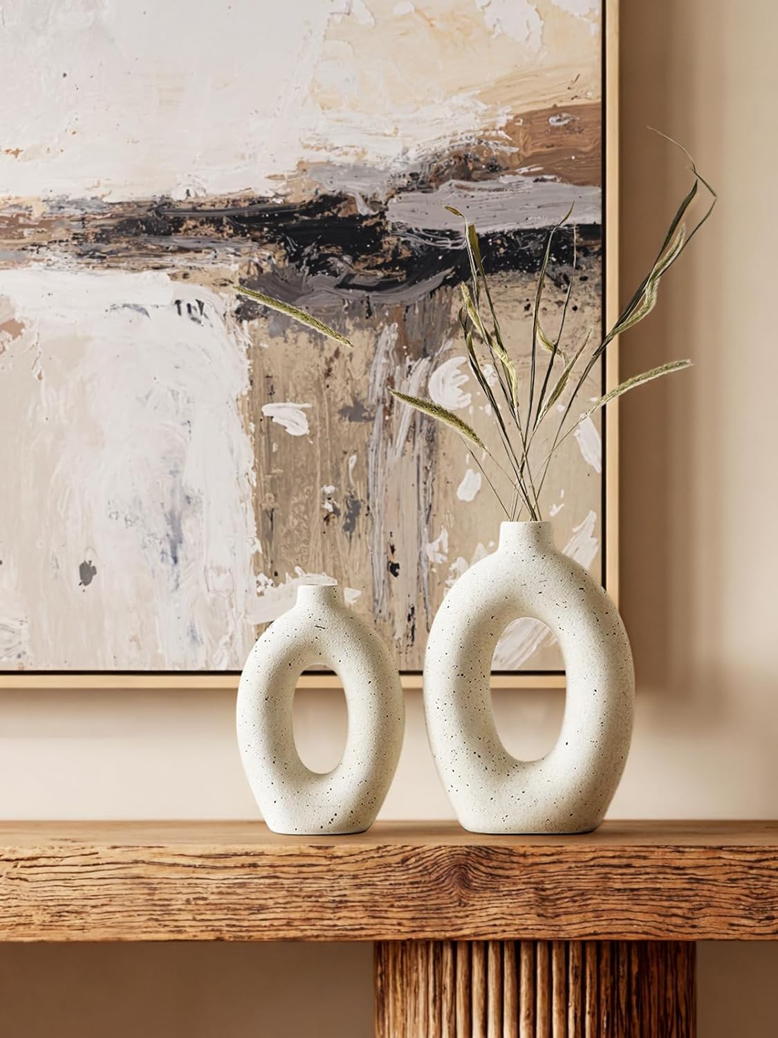 LE TAUCI Ceramic Vases Set of 2, Cream Hollow Donut Flower Vases, Nordic Boho Decor Decorative Centerpiece for Living Room, Table, Shelf, Mantel, Warm Ivory Speckled (H10.5”xW8.5”)