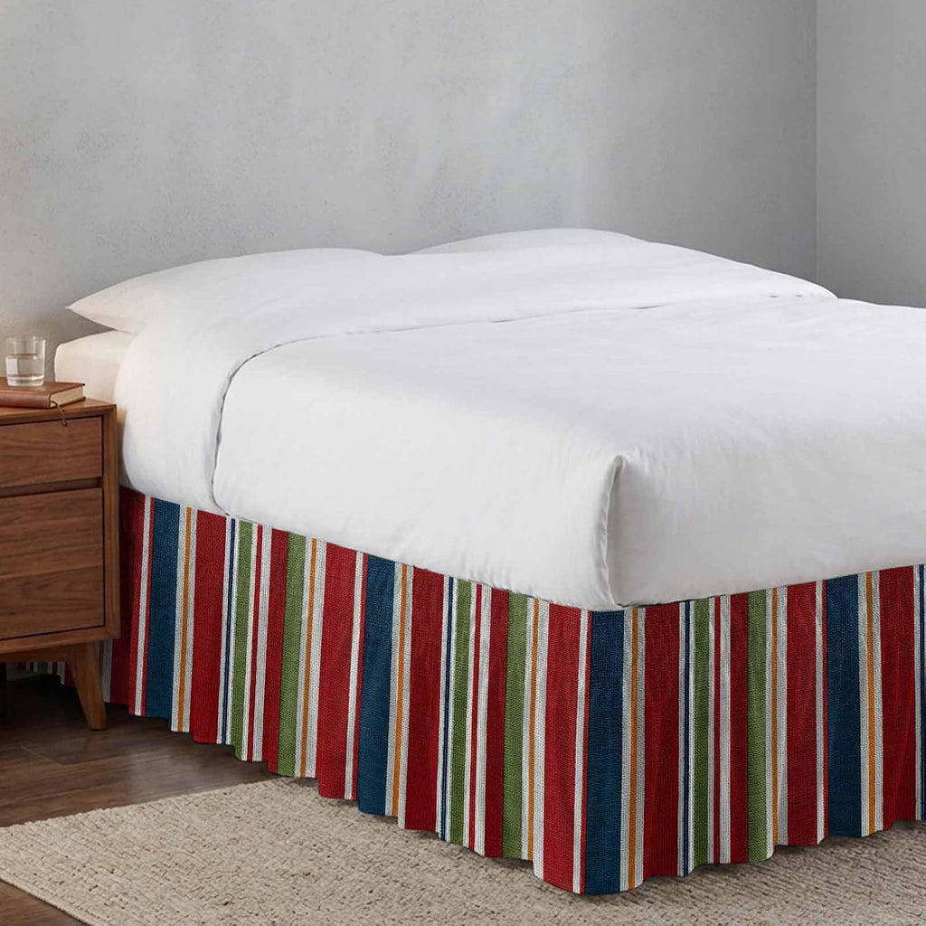 Red Green Striped Bed Skirt Queen Size 16 Inch Drop, Adjustable Elastic Bedskirt Dust Ruffle for Queen Bed, Farmhouse Vintage Minimalist Stripe Wrap Around Bed Skirts Luxurious Pleated Bed Frame Cover