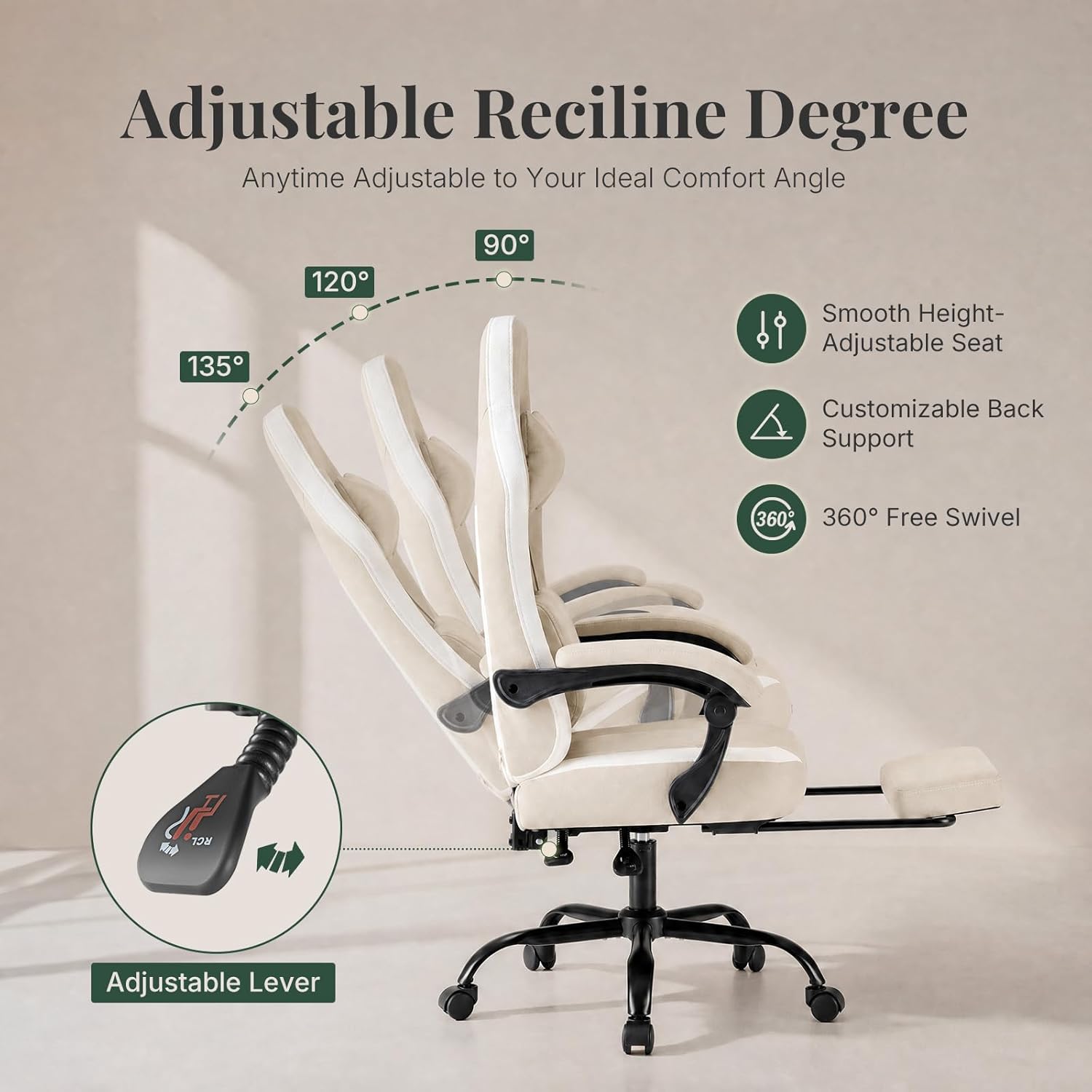 Computer Gaming Chair - High Back Ergonomic Desk Chair with Footrest and Lumbar Support, Height Adjustable Task Chair with Linkage Armrests and Headrest, 360° Swivel Wheels, Khaki