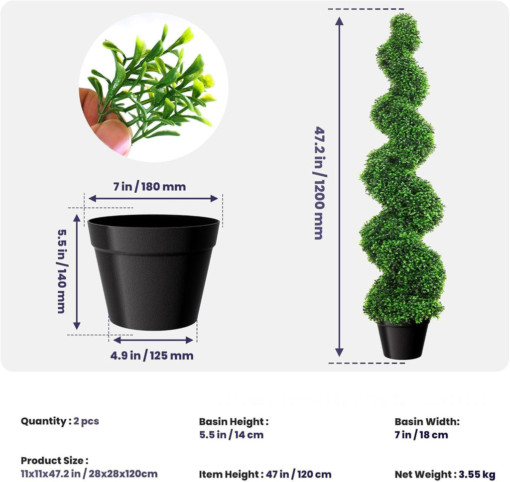 4ft Artificial Boxwood Spiral Tree Set (2 Pieces), Faux Plants Outdoor with Weighted Pot, Artificial Outdoor Plants for Outdoor Walkway & Indoor Decor, Boxwood Topiary, Artificial Trees for Outdoors