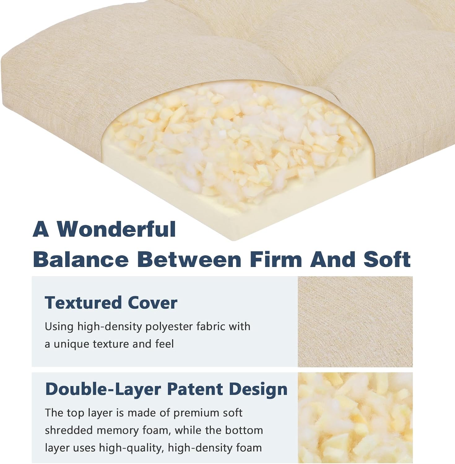 baibu 40 Inch Memory Foam Bench Cushion, Dual-Layer Patent Design Non-Slip Indoor Bench Cushion with Ties, 40x15x3Inch, Beige