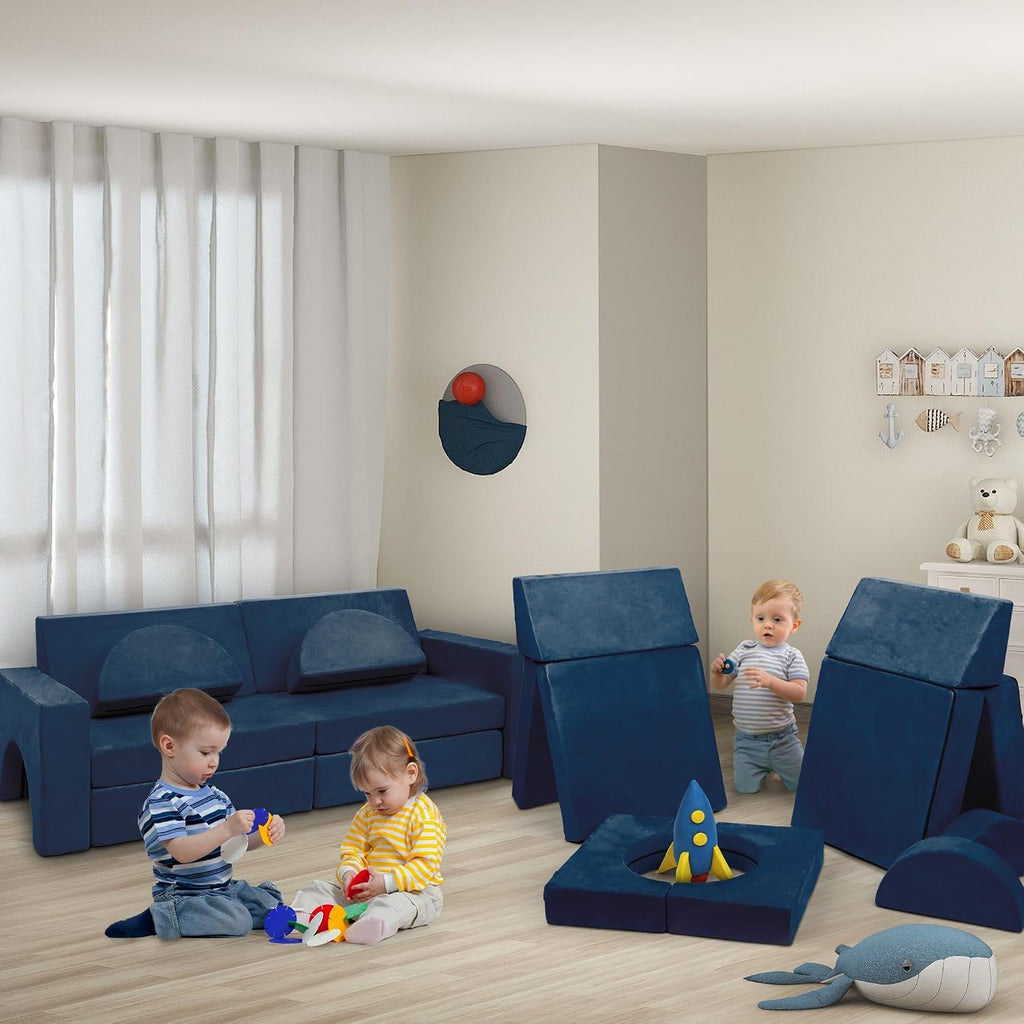 Betterhood Modular Kids Play Couch, 10PCS Child Sectional Sofa Imaginative Furniture Play Set for Creative Kids, Toddler to Teen Bedroom Furniture, Girls and Boys Playroom Convertible Sofa, Blue