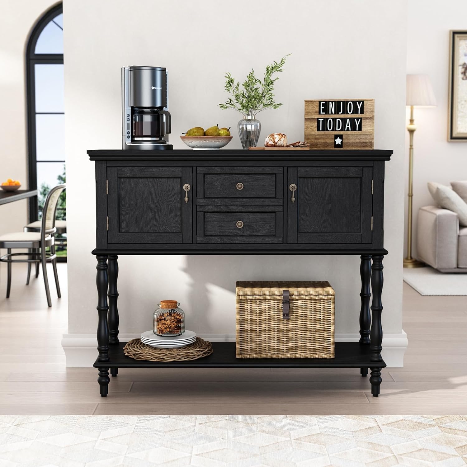 Retro Console Table with 2 Drawers and 2 Doors, 42 Inch Narrow Entryway Table with Open Storage Shelf and Roman Spindle Legs, Vintage Wood Accent Sofa Table for Living Room, Hallway