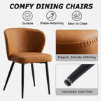 Dining Chairs Set of 2, Mid Century Modern Kitchen Chairs with Leather Cushion & Metal Legs, Upholstered Dining Room Chair with Curved Backrest for Home Kitchen, Brown
