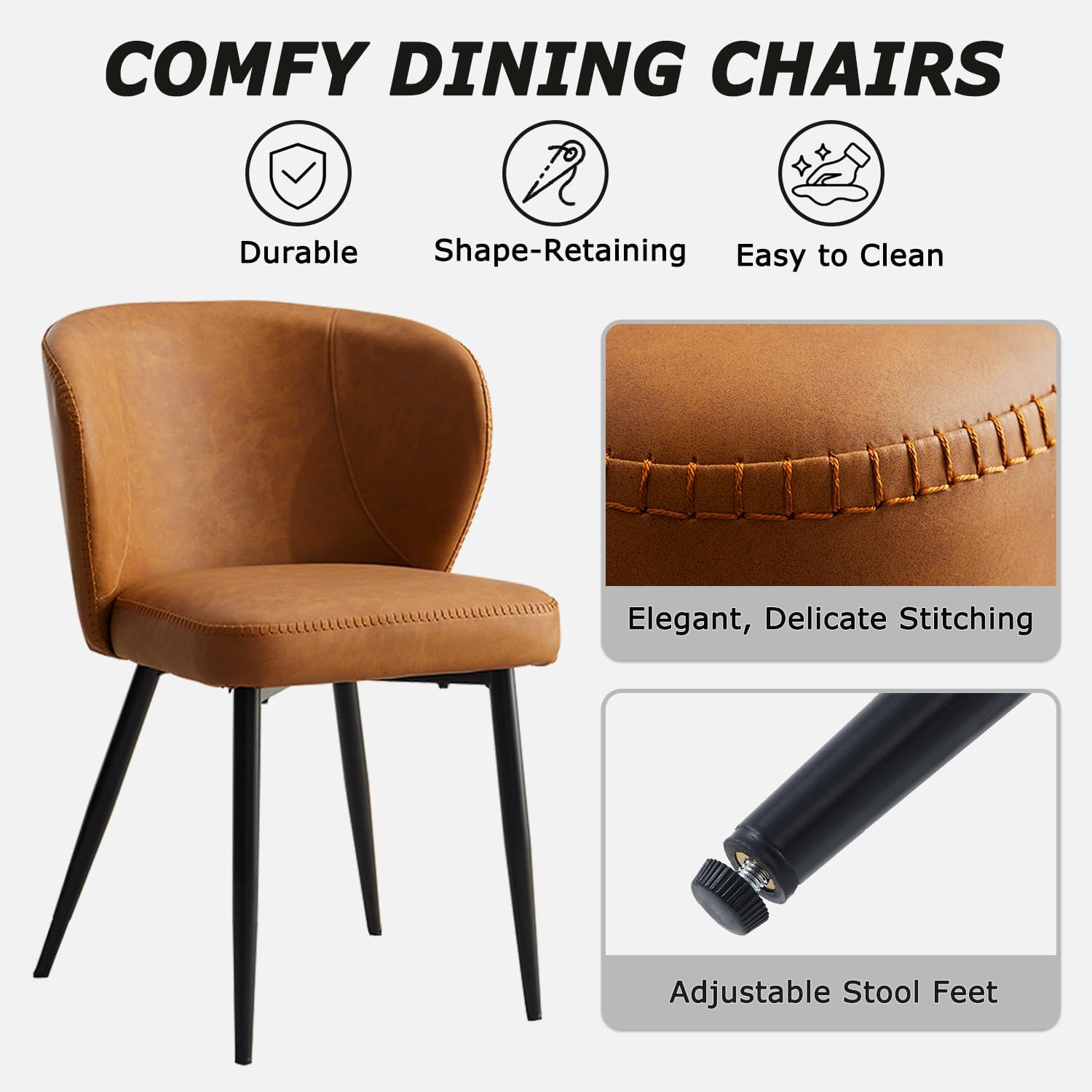 Dining Chairs Set of 2, Mid Century Modern Kitchen Chairs with Leather Cushion & Metal Legs, Upholstered Dining Room Chair with Curved Backrest for Home Kitchen, Brown