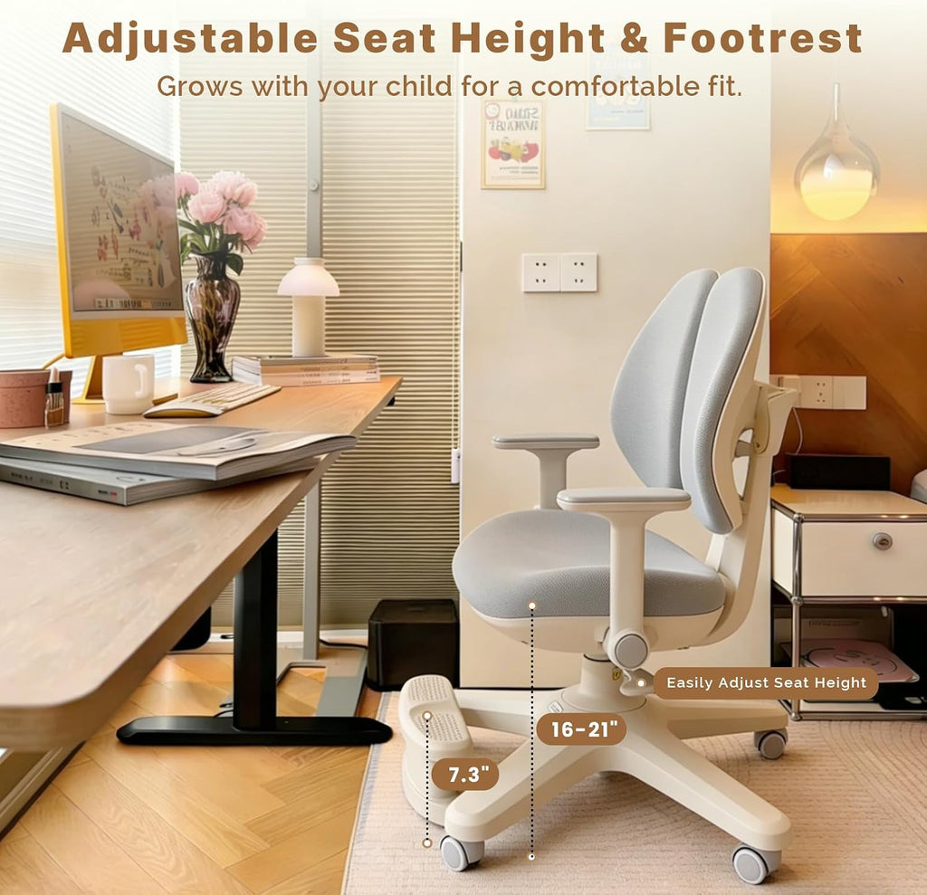 Ergonomic Kids Desk Chair with Adaptive Back Support, Adjustable Footrest, and 90° Flip-Up Armrests — Breathable Study Chair for Ages 3-12, Fits Home Office and Bedroom