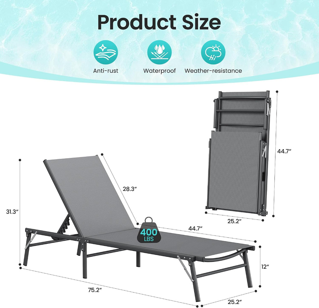 Amopatio Foldable Patio Lounge Chairs Outdoor Portable Pool Chaise Lounge Set of 2 with Side Table for Outside, Weather Resistant, 5-Position Adjustable Backrest, 400 LBS Capacity,Gray