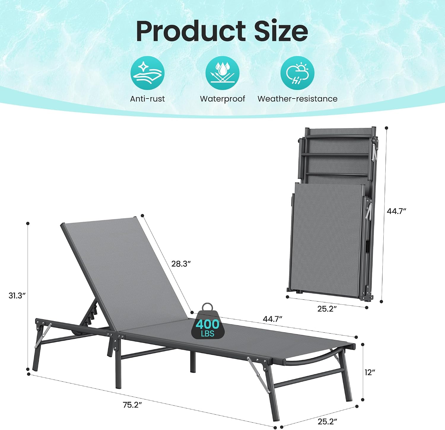 Amopatio Foldable Patio Lounge Chairs Outdoor Portable Pool Chaise Lounge Set of 2 with Side Table for Outside, Weather Resistant, 5-Position Adjustable Backrest, 400 LBS Capacity,Gray