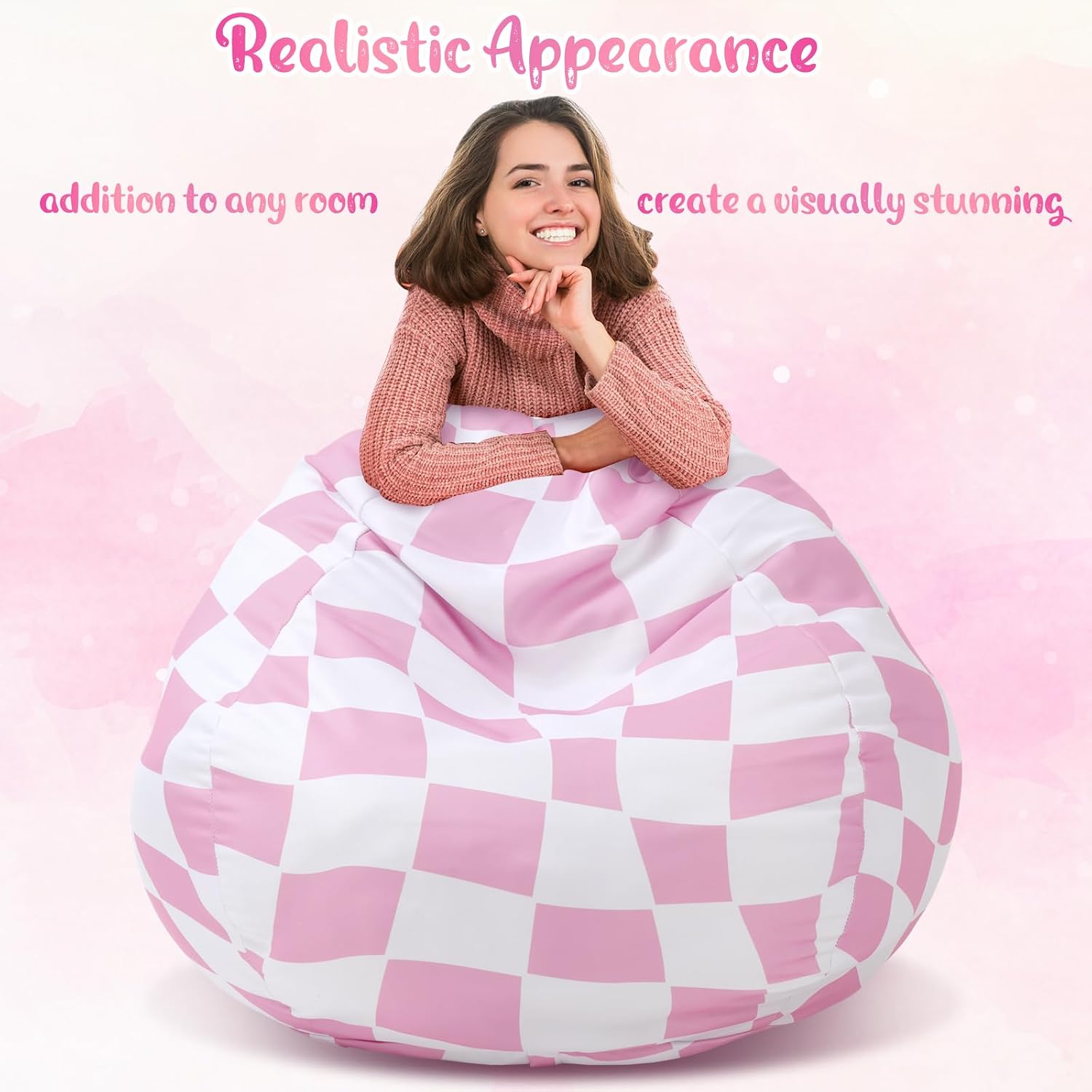 VitalCozy Bean Bag Chair for Teens (No Filler) Stuffed Animal Storage Bean Bag Chair Cover Polyester Stuffable for Kids Plush Toys Clothes Home Supplies(Pink Plaid)