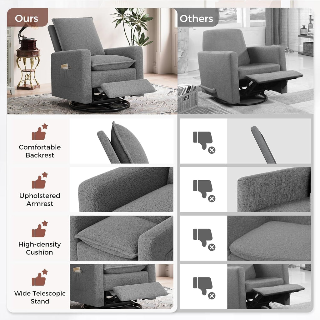 Amopatio Swivel Glider Recliner for Indoor Nursery Rocker Chair Upholstered Single Sofa with Side Pockets and Footrest for Living Room Bedroom(Gray)