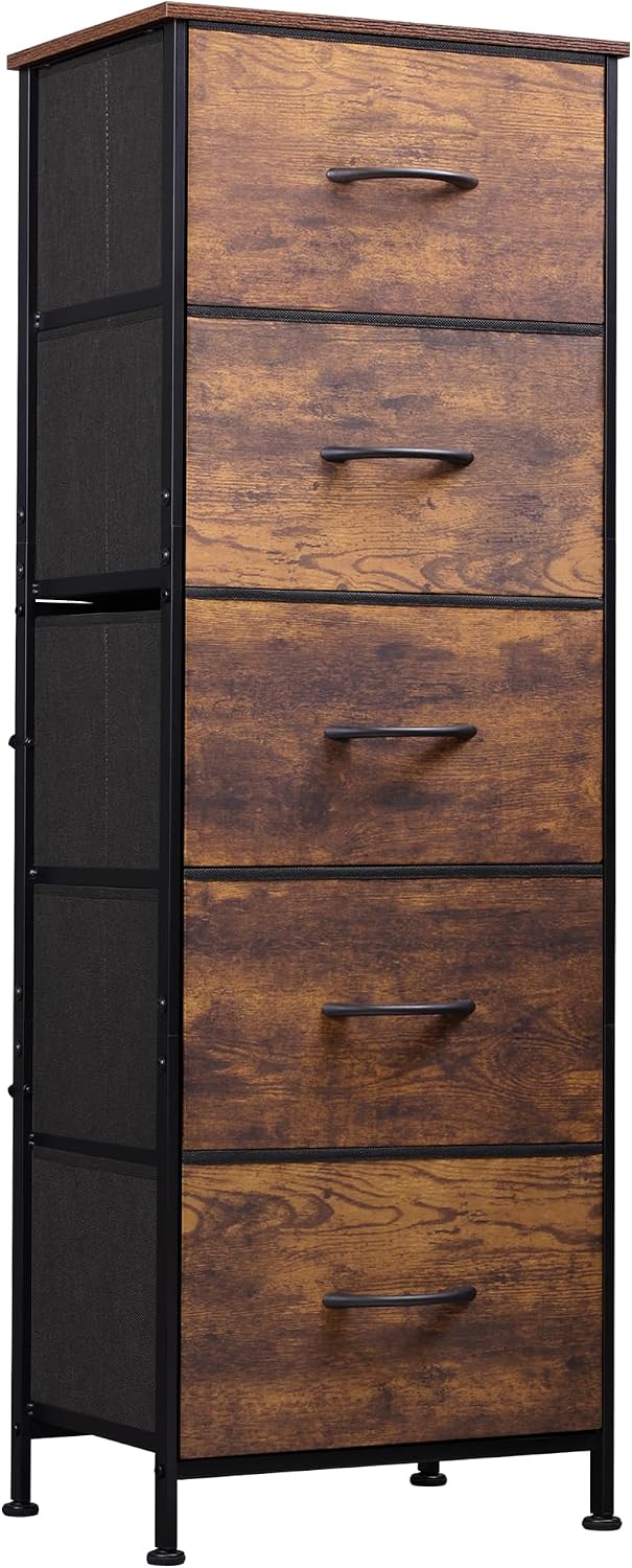 WLIVE Fabric Dresser for Bedroom, 5-Drawer Tall Dressers, Storage Organizer with Fabric Bins, Wood Top, Sturdy Steel Frame, Chest of Drawers for Closet, Hallway, Rustic Brown Wood Grain Print