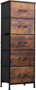 WLIVE Fabric Dresser for Bedroom, 5-Drawer Tall Dressers, Storage Organizer with Fabric Bins, Wood Top, Sturdy Steel Frame, Chest of Drawers for Closet, Hallway, Rustic Brown Wood Grain Print
