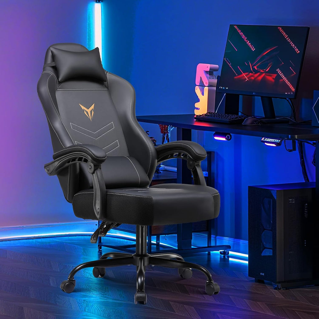 GTPLAYER Gaming Chair for Adults, Big and Tall 300LBS Heavy Duty Office Chair, Ergonomic High Back Lumbar Support and Wide Comfy Cushion with Linkage Armrests, Black Without Pedals