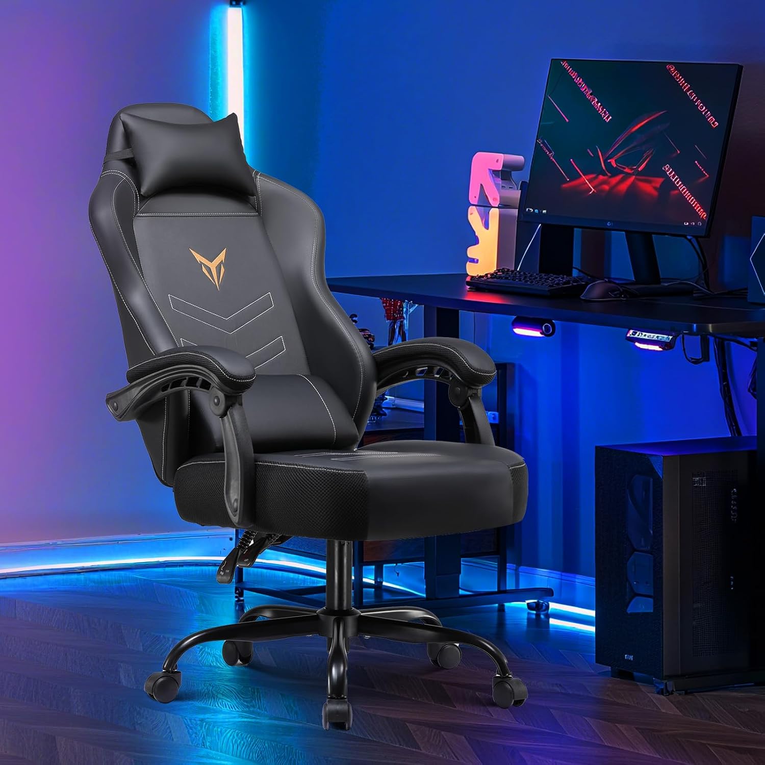 GTPLAYER Gaming Chair for Adults, Big and Tall 300LBS Heavy Duty Office Chair, Ergonomic High Back Lumbar Support and Wide Comfy Cushion with Linkage Armrests, Black Without Pedals