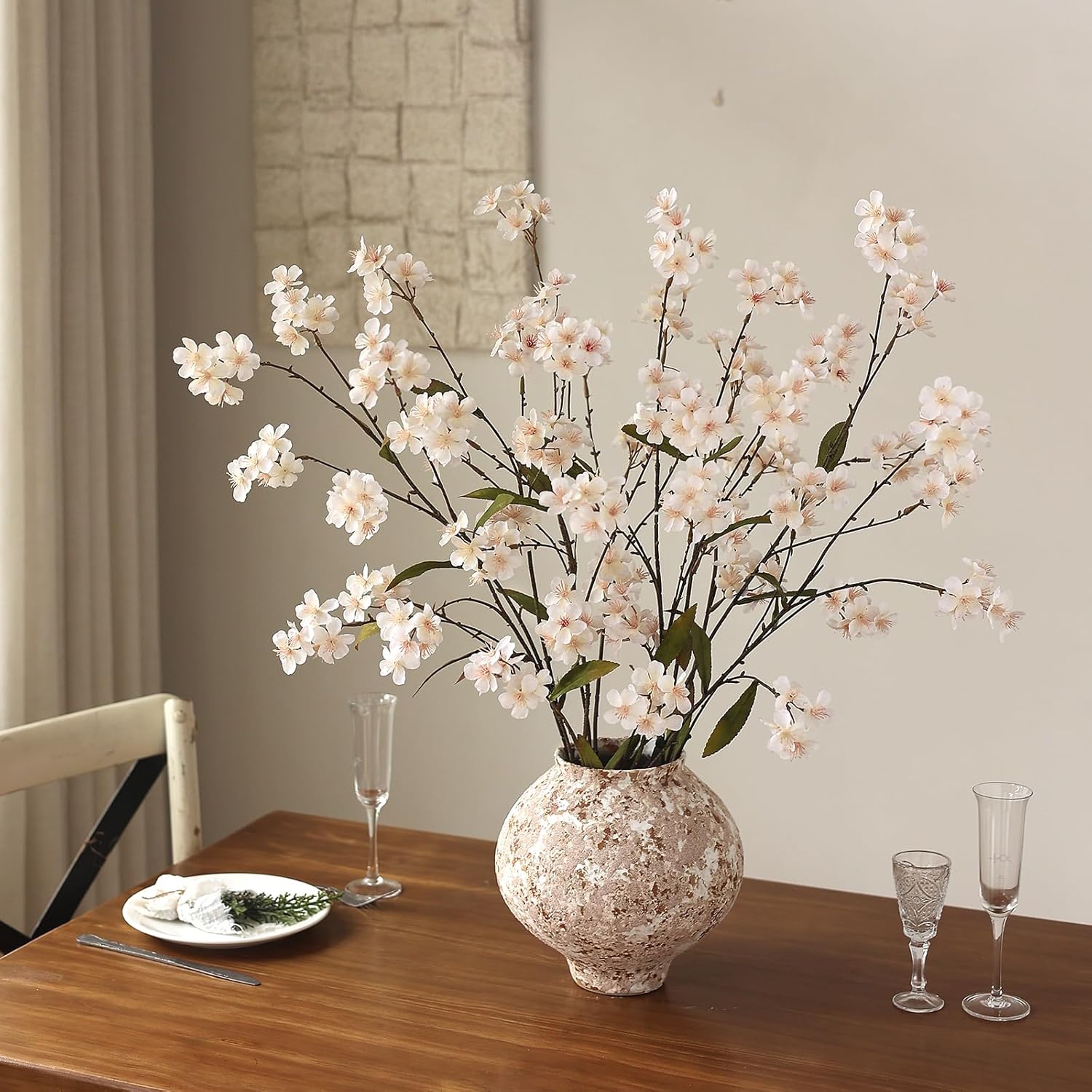 44" Artificial Cherry Blossom Branches for Vase - 4 PCS Faux Long Cherry Blossom Stems, Lifelike Fake Silk Flowers for DIY Arrangements, Table Centerpiece, Office, Home, Farmhouse Decorations (Cream)