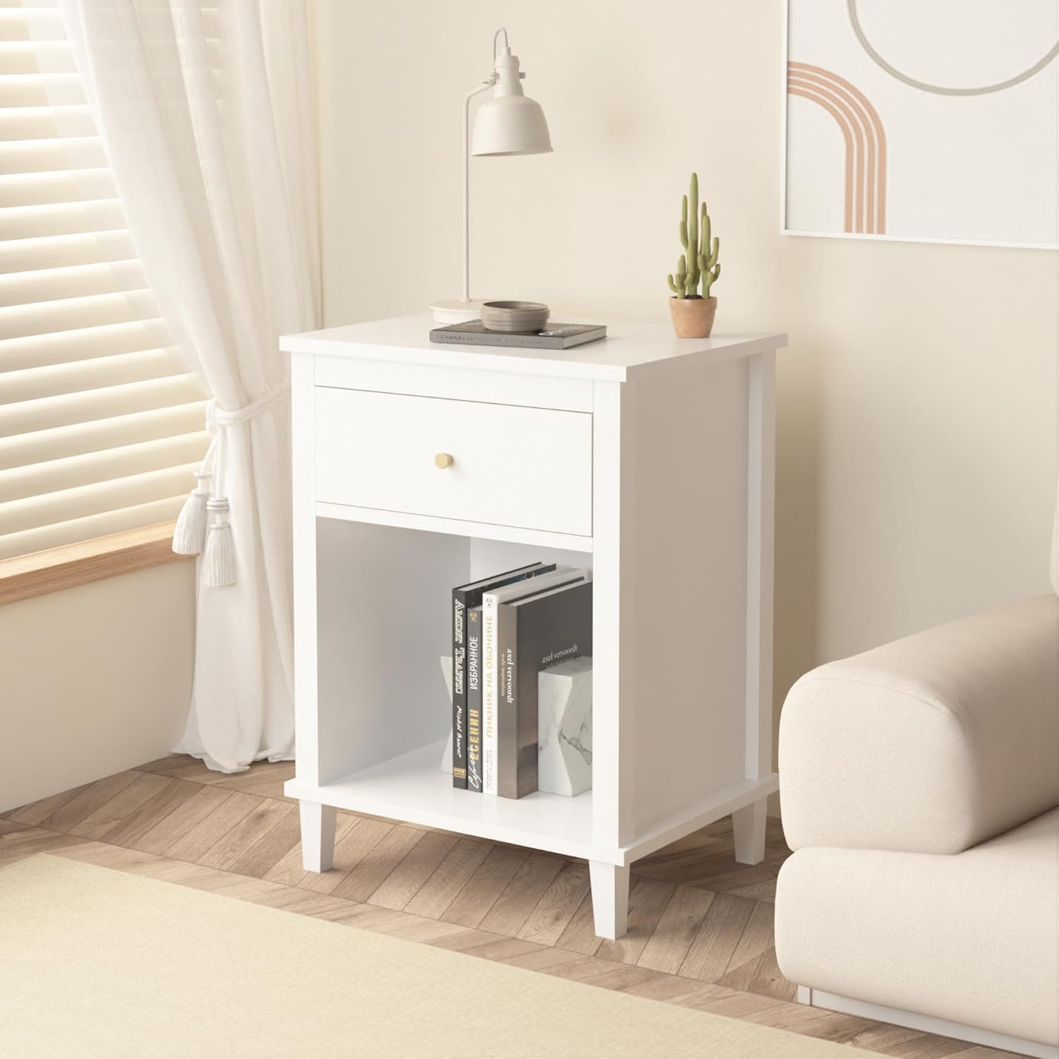 Kids Nightstand with One Drawer, 26.77''H Wooden Toddler Night Stand for Girls Bedroom, End Table One Shelf for Living Room, Small Modern Kids Bedside Table, White