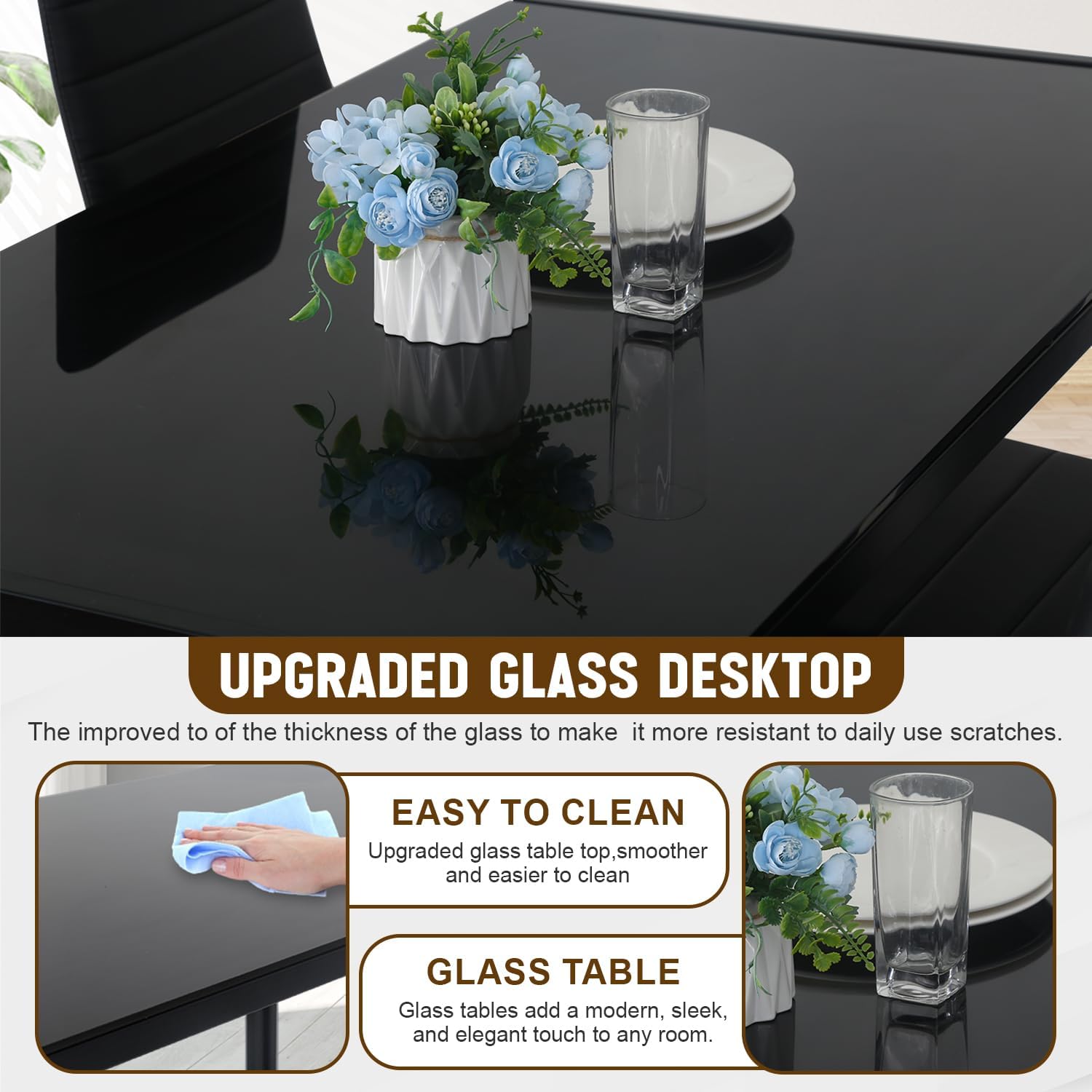NChanmar Dining Table Set for 4 Furniture 5 Piece Faux Dining Set, Modern Kitchen Table with Upholstered PU Leather Chairs and Glass Tabletop for Breakfast Nook Small Spaces,Black