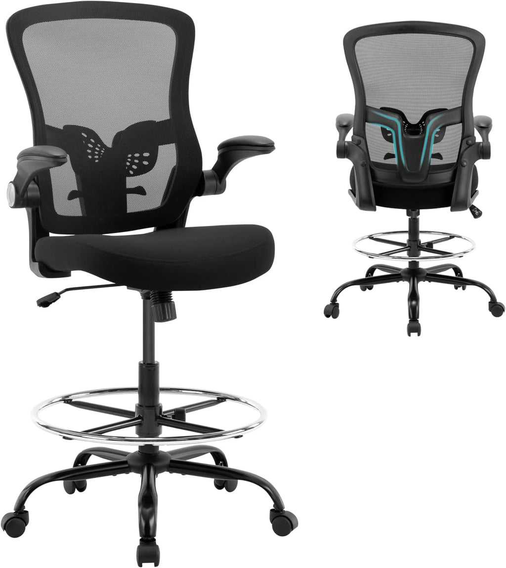 Drafting Chair,Tall Office Chair, Ergonomic Standing Desk Chair with Flip-up Armrests,Mid-Back Counter Height Computer Task Chair with Lumbar Support and Adjustable Footrest Ring,Black