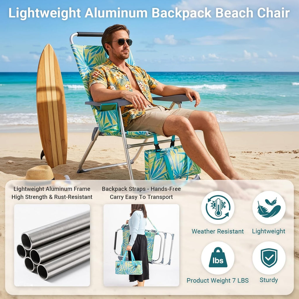 Portable Beach Chair for Adults, Lightweight Folding Lawn Chair with Cup Holder, Headrest, Side Pocket and Bottom Storage Bag, Camping Gear for Picnic Patio Sporting Events, 260 lbs, Green & Blue