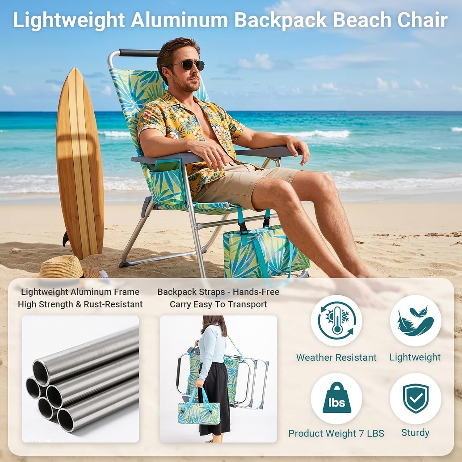 Portable Beach Chair for Adults, Lightweight Folding Lawn Chair with Cup Holder, Headrest, Side Pocket and Bottom Storage Bag, Camping Gear for Picnic Patio Sporting Events, 260 lbs, Green & Blue