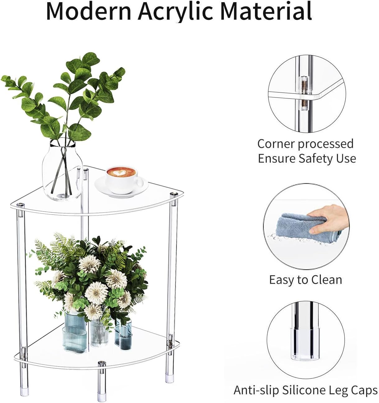 Clear Triangle Acrylic Side Table Set of 2 for Small Space, 11.81" L x 11.81" W x 19.82" H, 2-Tier Corner Shelf Stand End Table for Living Room Bedroom, Corner Rack Storage Shelf for Bathroom