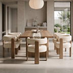 Hyfirm Set of 6 Modern Boho Barrel Dining Chairs with Wood Legs, White Upholstered Accent Armchairs with Thick Padded Cushion for Kitchen, Minimalist Natural Chic Chairs for Living Room