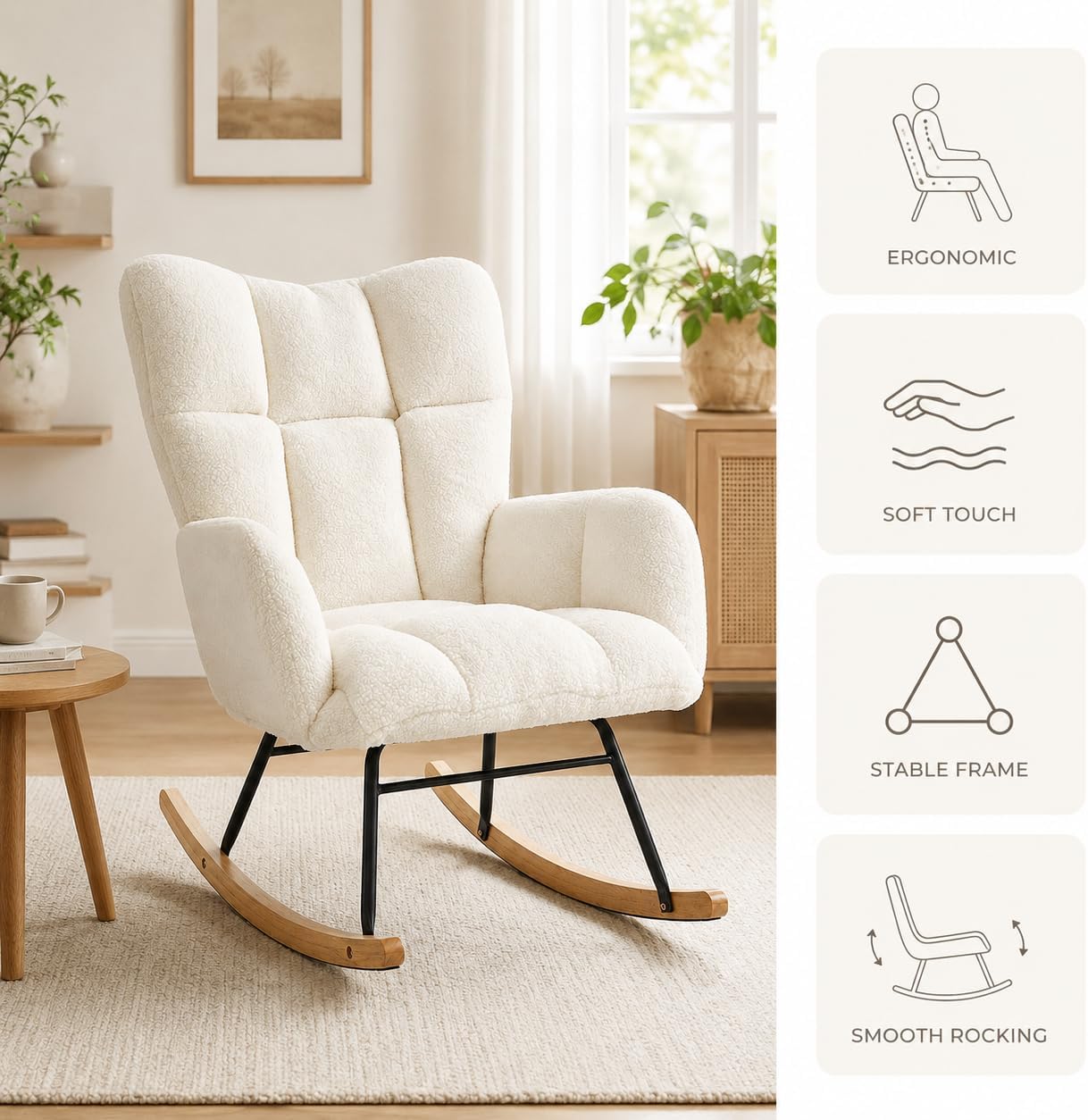 Nursery Rocking Chair, Ergonomic High Back Armrests, Metal Frame Capacity Easy Assembly, Accent Chair with High Backrest Reading Chair for Adult, Nursery, Bedroom, Living Room,Offices