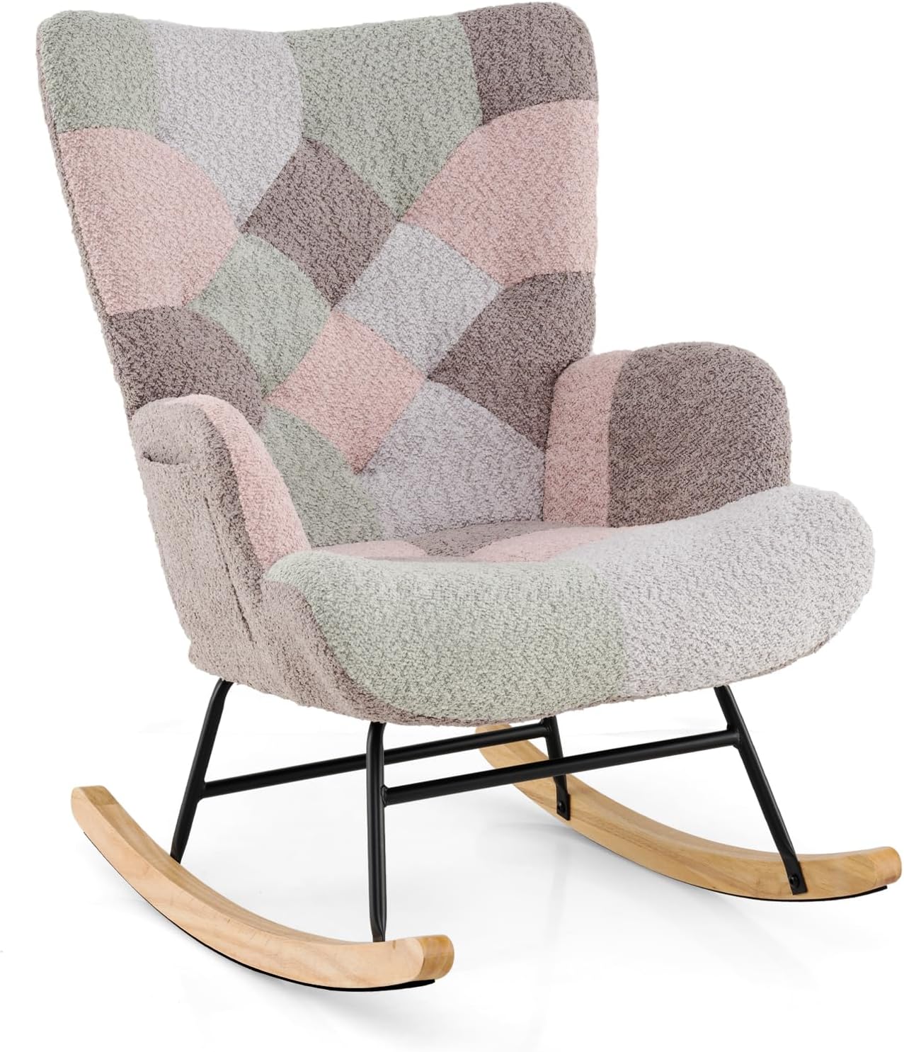 Moccha Nursery Rocking Chair, Teddy Upholstered Glider Rocker with High Backrest, Rubber Wood Legs & Side Pocket, Comfy Armchair Side Chair for Living Room Bedroom (1, Spliced Pink)