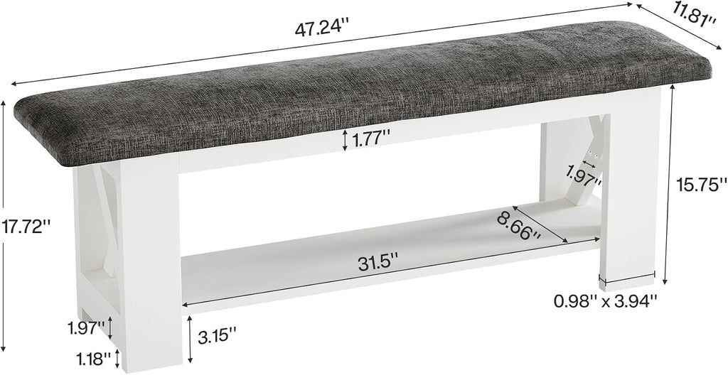 Tribesigns 47" Farmhouse Entryway Bench with Padded Cushion, Farmhouse Wooden Shoe Rack Storage Bench, 2-Tier White Accent Organizer Seat for Hallway, Living Room, Bedroom