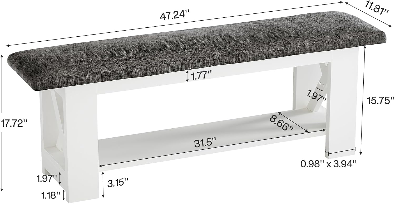 Tribesigns 47" Farmhouse Entryway Bench with Padded Cushion, Farmhouse Wooden Shoe Rack Storage Bench, 2-Tier White Accent Organizer Seat for Hallway, Living Room, Bedroom